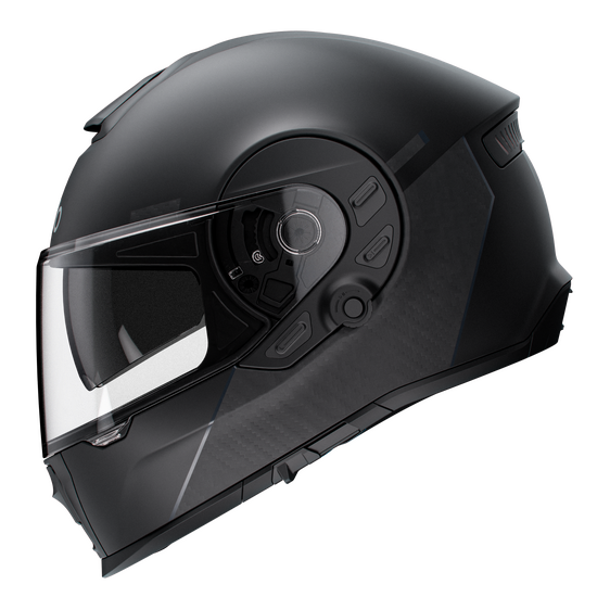 A matte black full-face motorcycle helmet with a clear visor, shown in a side profile view against a solid white background.