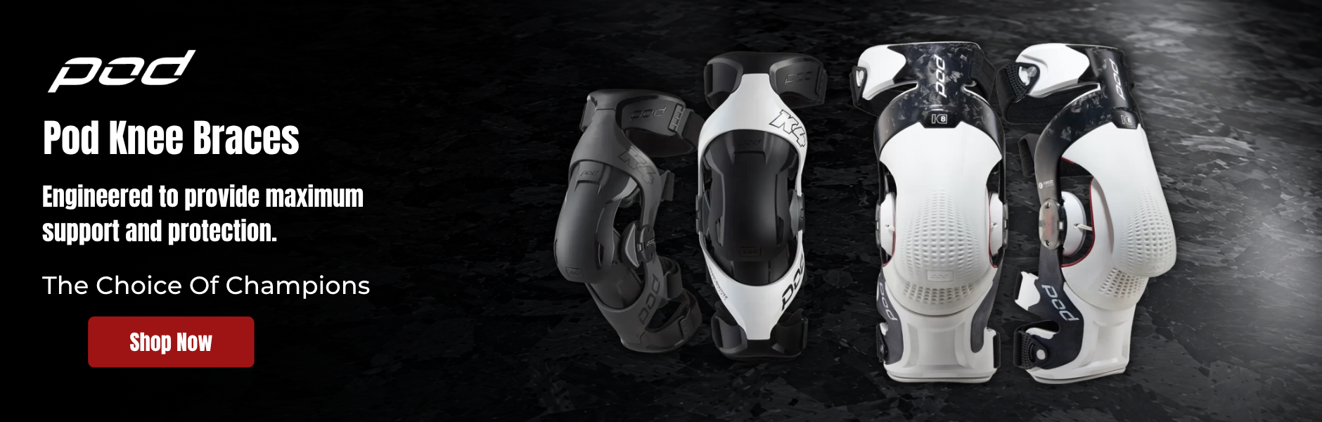 Promotional banner for Pod Knee Braces showing three views of protective knee support braces on a dark textured background with product text and a red 'Shop Now' button.